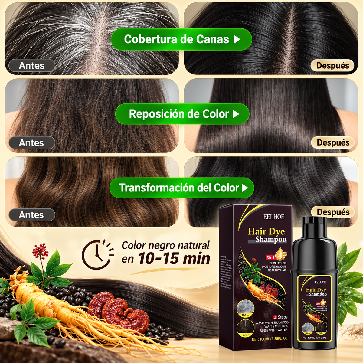 Champú Tinte Instantáneo para Cabello – Color Natural en Minutos