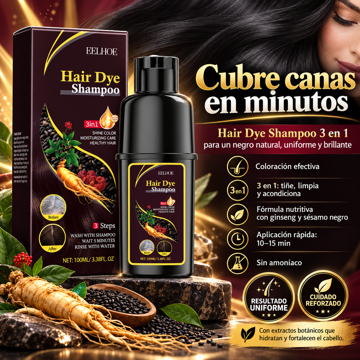 Champú Tinte Instantáneo para Cabello – Color Natural en Minutos