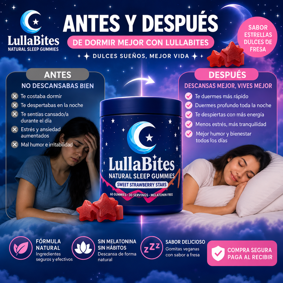 Mujer durmiendo junto a un bote de gomitas LullaBites