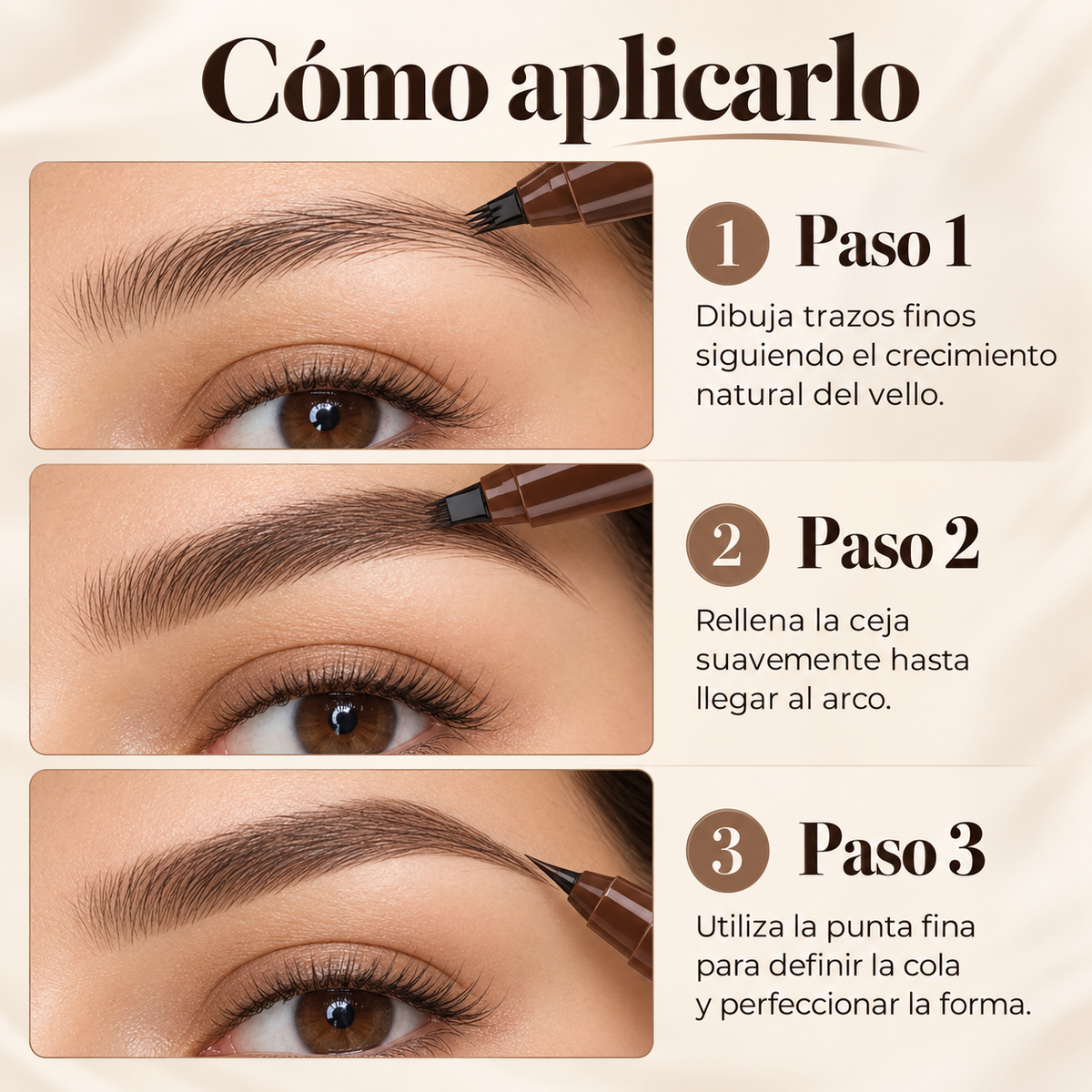 Lápiz de cejas impermeable con acabado natural.